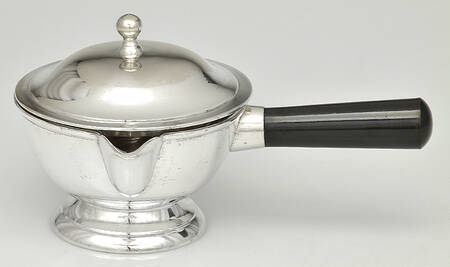Silverplate Hollowware Sauce Boat with Wood Handle & Hinged Lid