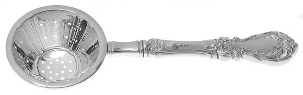 Burgundy (Sterling, 1949, No Monograms) Individual Overcup Tea Strainer with Silverplate Bowl