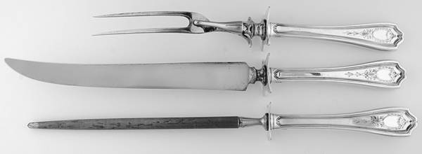 Hepplewhite-Engrv (Sterling, 1907, No Monos) Large 3-Piece Roast Carving Set w/ Stainless Blade