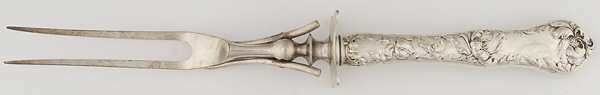Les Cinq Fleurs (Sterling, 1900, No Monos) Large Stainless-Prong Roast Carving Fork