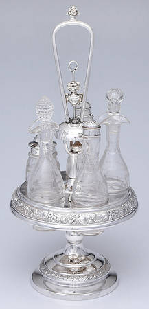 Silverplate Hollowware Condiment-7pc (6 Glass Bottles W/Holder