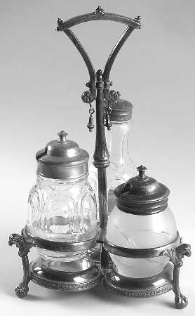 Silverplate Hollowware Cruet Set-3 Crystal Bottles & Stand