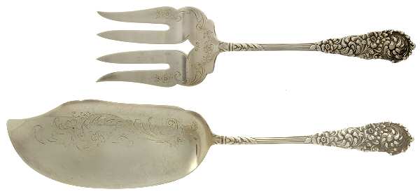 Trajan (Sterling, 1892) Large Solid, Bright Cut Fish Serving Set