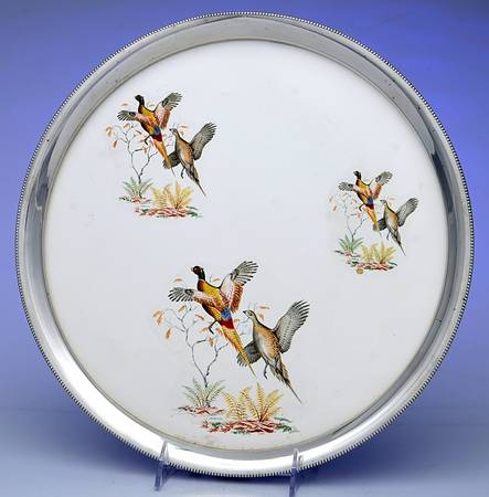 Pewter Holloware Round Tray with Ceramic Center