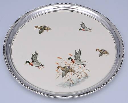 Sterling Hollowware Round Tray with Ceramic Center