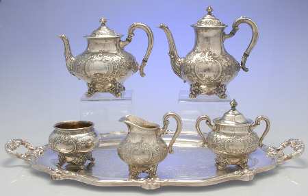 Regent-Chased (5600C, Silverplate, Hollowware) 6-Piece Plated Tea Set (Waste & Tray)