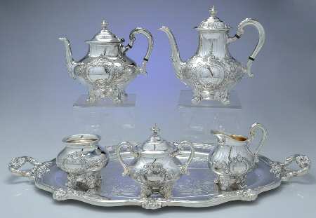 Regent-Chased (5600C, Silverplate, Hollowware) 5-Piece Silverplate Tea Set (with Tray)