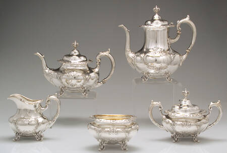 Burgundy (Sterling, Hollowware)  5 Piece Tea Set (SCP, STP, SCR, SSU, SWB)