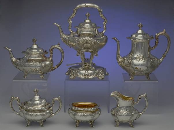 Burgundy (Sterling, Hollowware)  6 Piece Tea Set (SCP, STP, SCR, SSU, SWB, SKES)