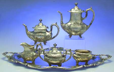 Burgundy (Sterling, Hollowware)  6 Piece Tea Set (SCP, STP, SCR, SSU, SWB, WTL)
