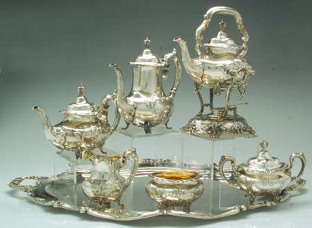 Burgundy (Sterling, Hollowware)  7 Piece Tea Set (SCP, STP, SCR, SSU, SWB, SKES & WTL)