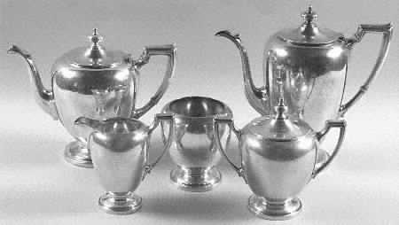 Pointed Antique (Sterling, Hollowware) 5 Piece Tea Set (SCP, STP, SCR, SSU, SWB)