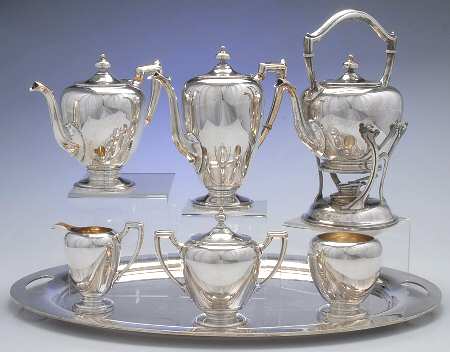Pointed Antique (Sterling, Hollowware) 7 Piece Tea Set (SCP, STP, SCR, SSU, SWB, SKES & WTL)