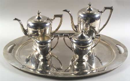 Pointed Antique (Sterling, Hollowware) 5 Piece Tea Set (SCP, STP, SCR, SSU, WTL)