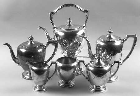 Pointed Antique (Sterling, Hollowware) 6 Piece Tea Set (SCP, STP, SCR, SSU, SWB, SKES)
