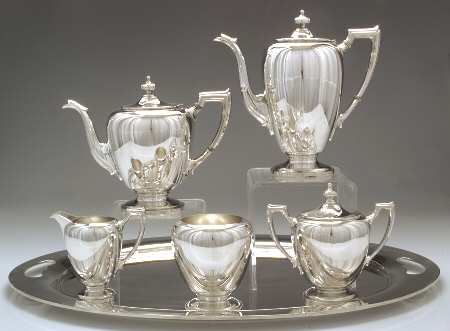 Pointed Antique (Sterling, Hollowware) 6 Piece Tea Set (SCP, STP, SCR, SSU, SWB, WTL)