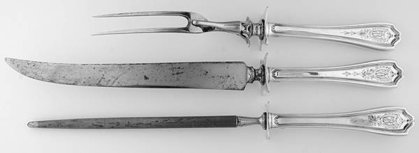 Hepplewhite-Engrv (Sterling, 1907, Monograms) Large 3-Piece Roast Carving Set w/ Stainless Blade