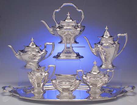 Hepplewhite-Plain (Sterling, 1907, Hollowware) 7 Piece Tea Set (SCP, STP, SCR, SSU, SWB, SKES & WTL)