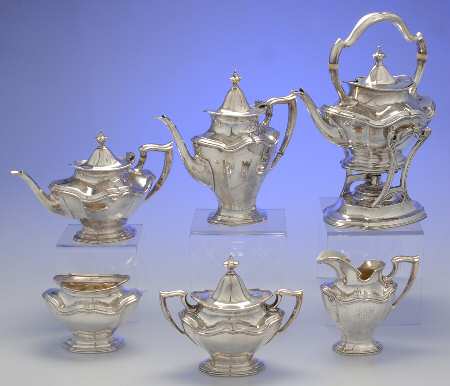 Hepplewhite-Plain (Sterling, 1907, Hollowware) 6 Piece Tea Set (SCP, STP, SCR, SSU, SWB, SKES)
