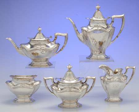 Hepplewhite-Plain (Sterling, 1907, Hollowware) 5 Piece Tea Set (SCP, STP, SCR, SSU, SWB)