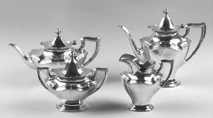Hepplewhite-Plain (Sterling, 1907, Hollowware) 4 Piece Tea Set (SCP, STP, SCR, SSU)