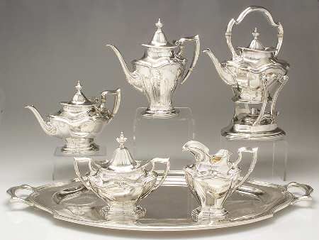 Hepplewhite-Plain (Sterling, 1907, Hollowware) 6 Piece Tea Set (SCP, STP, SCR, SSU, SKES, WTL)