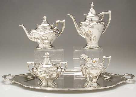 Hepplewhite-Plain (Sterling, 1907, Hollowware) 5 Piece Tea Set (SCP, STP, SCR, SSU, WTL)