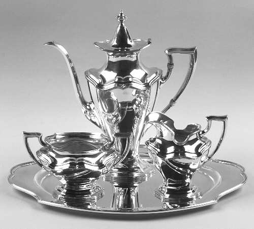 Hepplewhite-Plain (Sterling, 1907, Hollowware) 4 Piece Mini Coffee Set (SCPM, SCRM, SSUOM, STRDEM)
