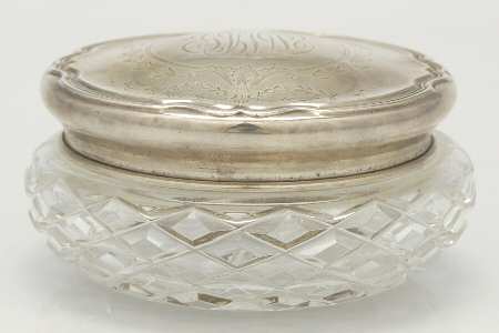 Hepplewhite-Engrv (Strl, Hlwr, Floral Swag) Powder Jar, Crystal Bowl and Sterling Lid