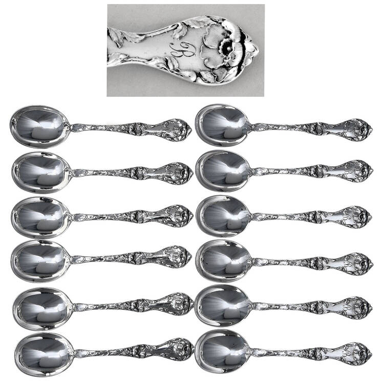Les Cinq Fleurs (Sterling, 1900, Monograms) Small Short Handle Chocolate Spoon (Set of 12)