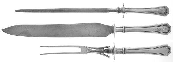 Clovelly (Sterling, 1912, Monograms) (3 Pc)Carving Set-Lg Stnbl/Roast w/Sterling Guard