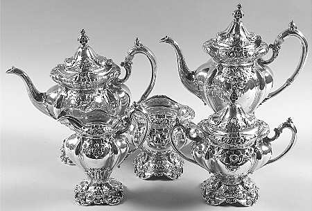 Les Six Fleurs (Sterling, Hollowware) 5 Piece Tea Set (SCP, STP, SCR, SSU, SWB)