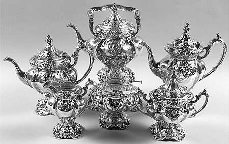 Les Six Fleurs (Sterling, Hollowware) 6 Piece Tea Set (SCP, STP, SCR, SSU, SWB, SKES)