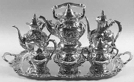 Les Cinq Fleurs (Sterling, Hollowware) 7 Piece Tea Set (SCP, STP, SCR, SSU, SWB, SKES & WTL)
