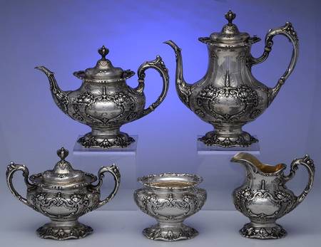 Francis I (Sterling, Hollowware, Reed&Barton, Dates) 5 Piece Tea Set (SCP, STP, SCR, SSU, SWB)