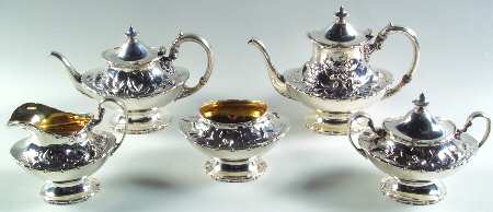 118 (Sterling, Hollowware) 5 Piece Tea Set (SCP, STP, SCR, SSU, SWB)