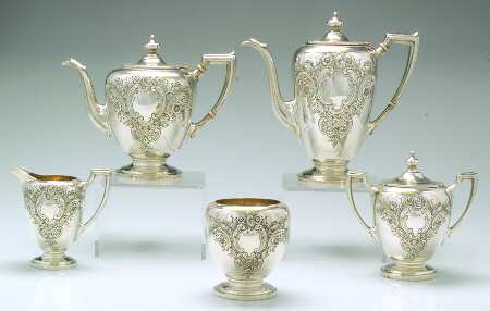 Pointed Antique-Hand Chased 5 Piece Tea Set (SCP, STP, SCR, SSU, SWB)