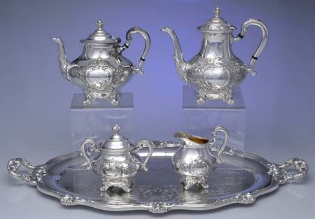 Regent-Chased (5600C3, Silverplate, Hollowware) 5-Piece Silverplate Tea Set (with Tray)