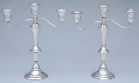 11 (Sterling, Hollowware) Pair of Weighted 3 Light Candelabra