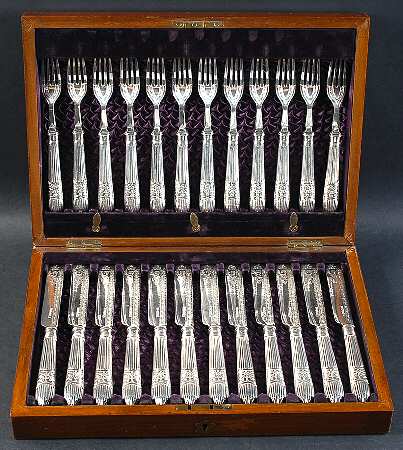 RBL32 (Silverplate) (Set of 12) Plated Fish Forks & Knives w/Wood Case