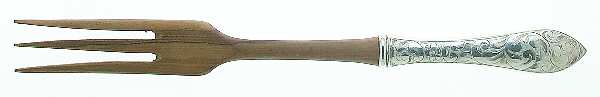 Lorraine (Sterling, 1935, All Over Engraved) Salad Serving Fork with Wooden Prongs
