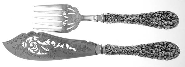 Baltimore Rose (Sterling, 1905, Decor) Bright Cut Hollow Handle SP Blade Fish Serving Set