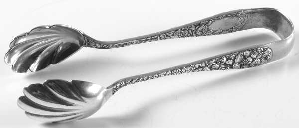 Baltimore Rose (Sterling, 1905, Decor) Large Ice Serving Tongs with Bowl Tips