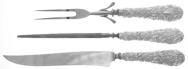 Baltimore Rose (Sterling, 1905, Decor) Large 3-Piece Roast Carving Set w/ Stainless Blade