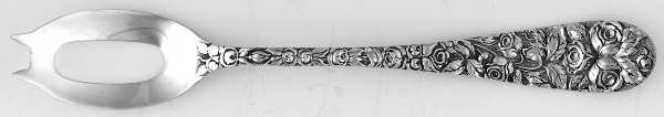 Baltimore Rose (Sterling, 1905, Decor) Short Handled Olive Spoon with Pierced Bowl