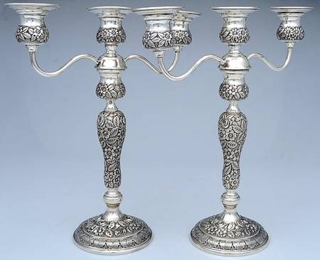Baltimore Rose (Sterling, Hollowware) Pair of Weighted 3 Light Candelabra