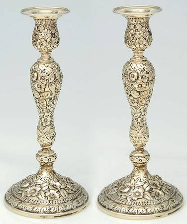 Baltimore Rose (Sterling, Hollowware) Pair of Weighted Candlesticks with Bobeche