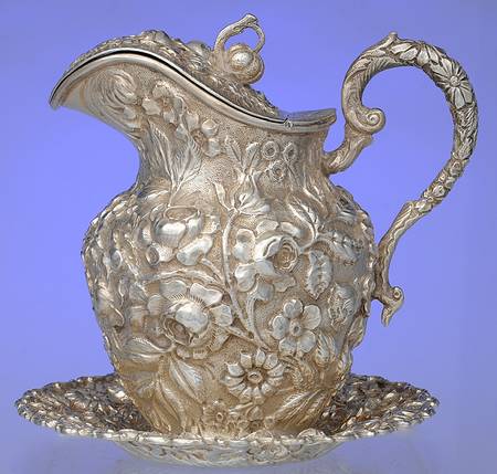 Baltimore Rose (Sterling, Hollowware) Syrup Pitcher with Hinged Lid and Underplate
