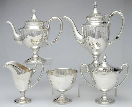 1900 (Sterling, Hollowware) 5 Piece Tea Set (SCP, STP, SCR, SSU, SWB)
