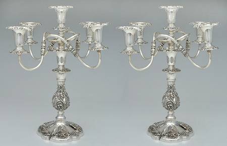 Rococco (Silverplate, Hollowware) Pair of Large 5 Light Candelabras
